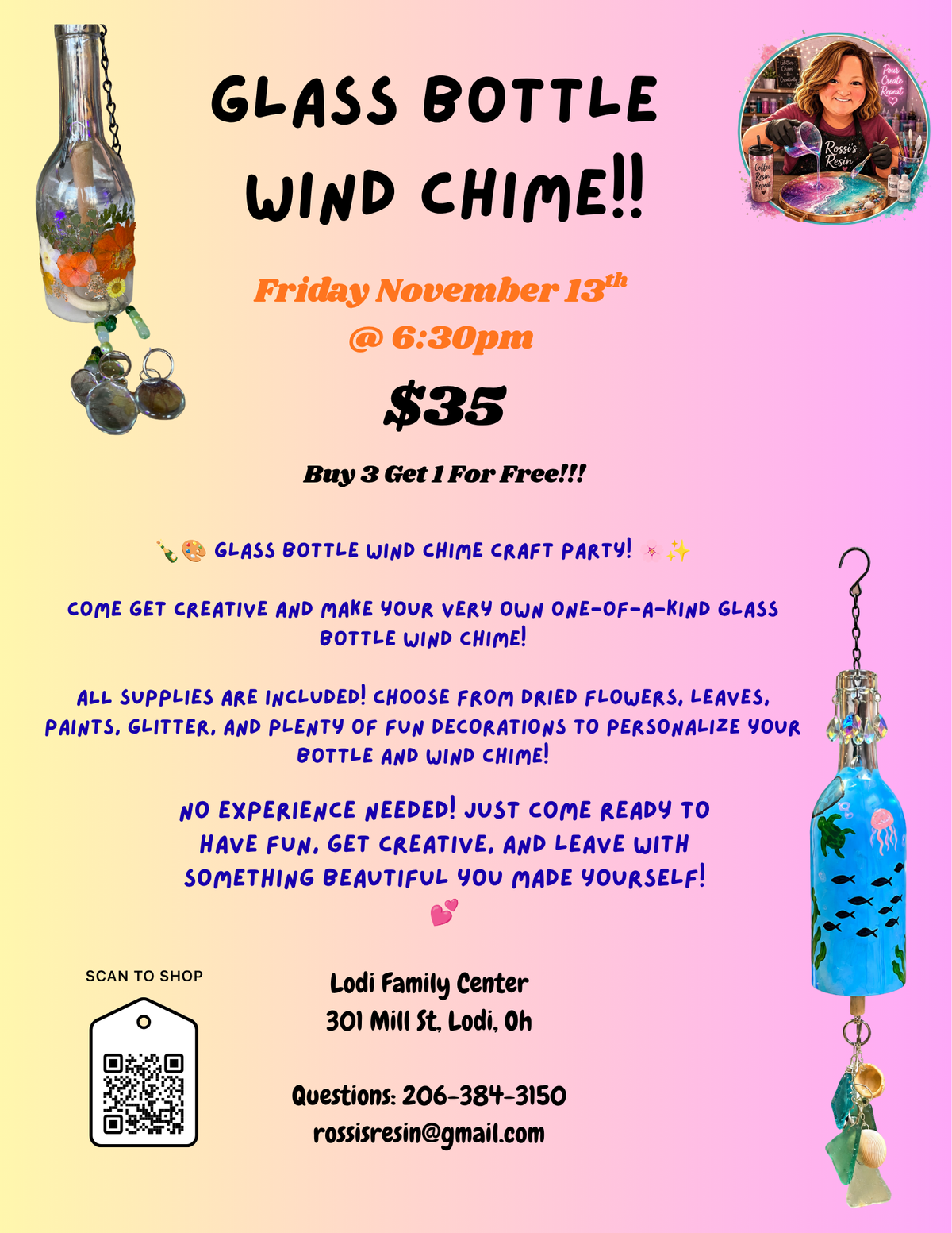 Glass Bottle Wind Chime Class Nov 13th @ 6:30pm