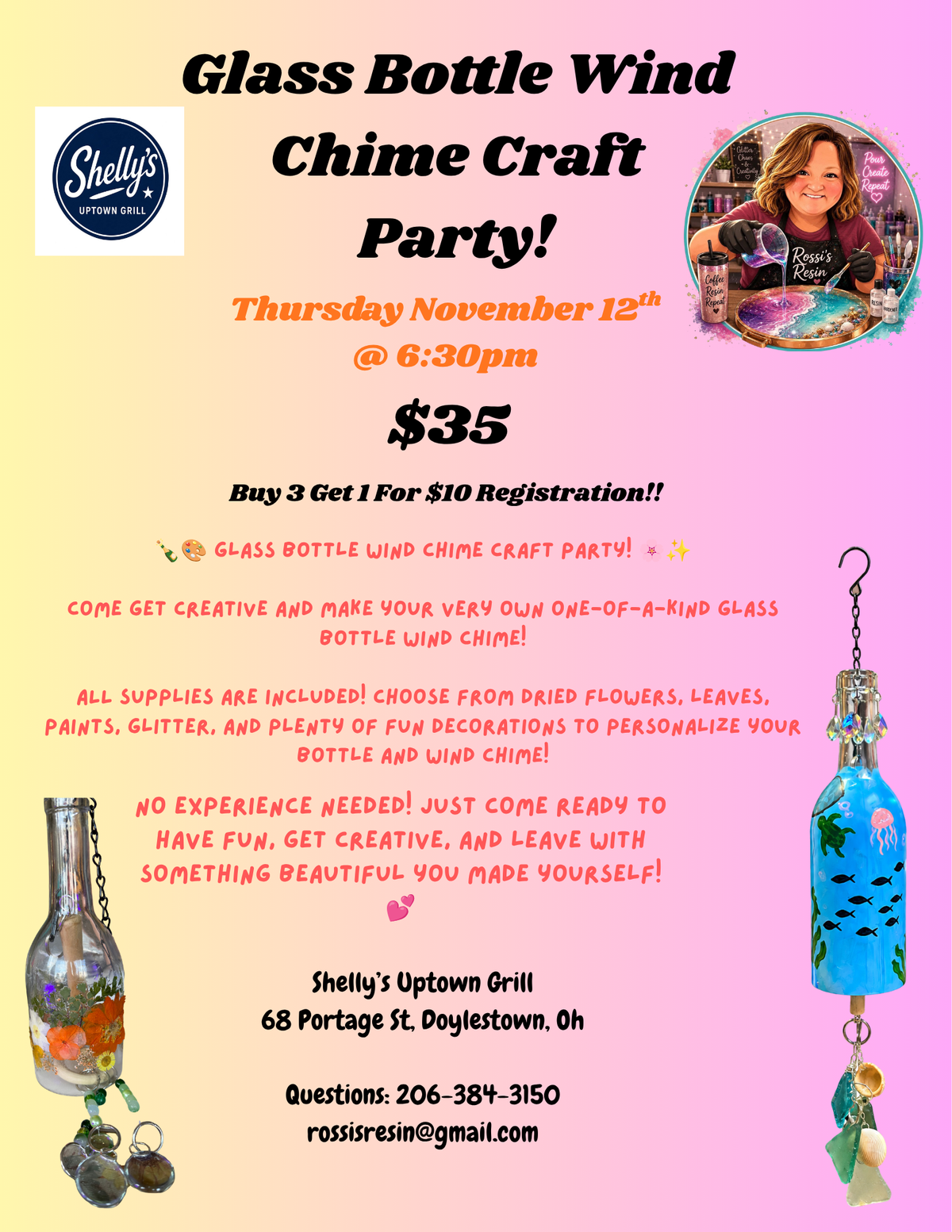 Glass Bottle Wind Chime Shelly's on November 12th @ 6:30pm