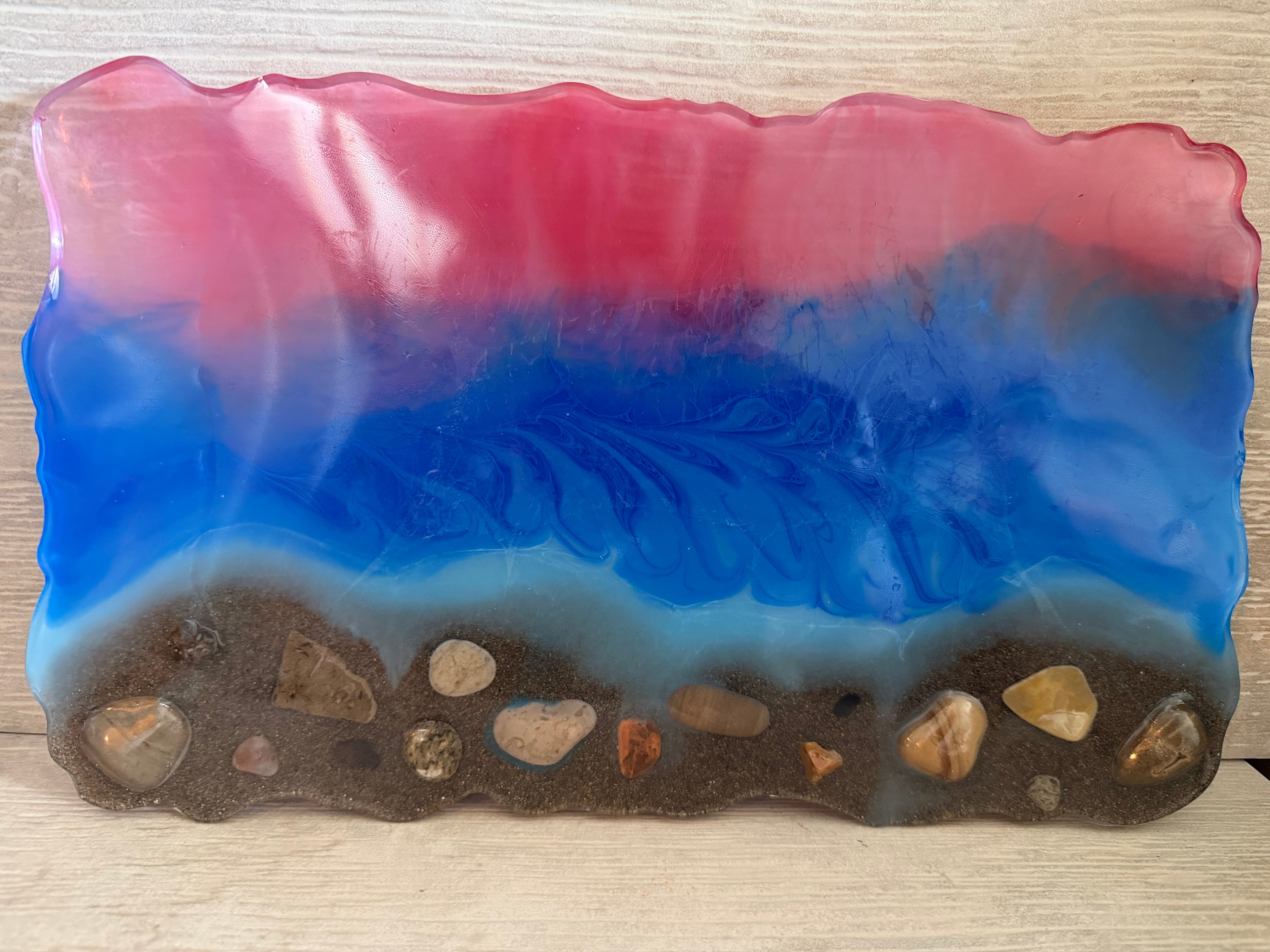 Customizable Large Resin Beach Tray or Wall Decor – Ocean Wave Art with Real Shells & Stones