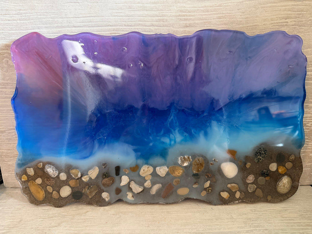 Customizable Large Resin Beach Tray or Wall Decor – Ocean Wave Art with Real Shells & Stones