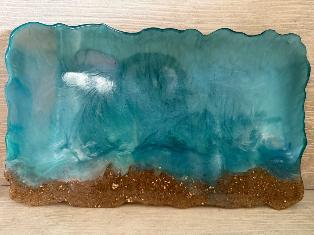 Customizable Large Resin Beach Tray or Wall Decor – Ocean Wave Art with Real Shells & Stones